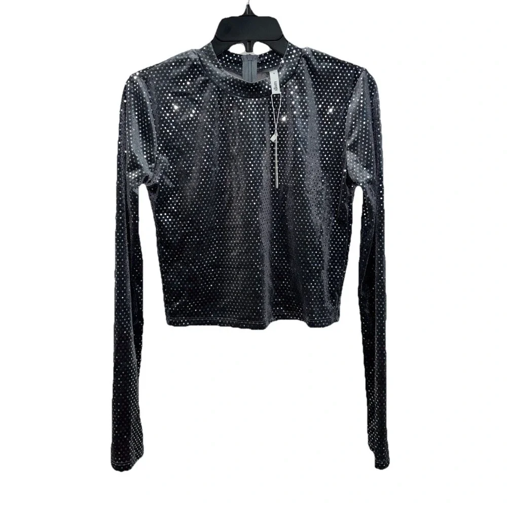NWT GLAM Gray M Sparkly Crop Top Long Sleeve Party Shirt Bling‎ Disco Baddie Y2K